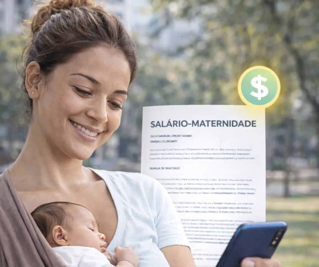 Mãe pesquisando sobre salário maternidade