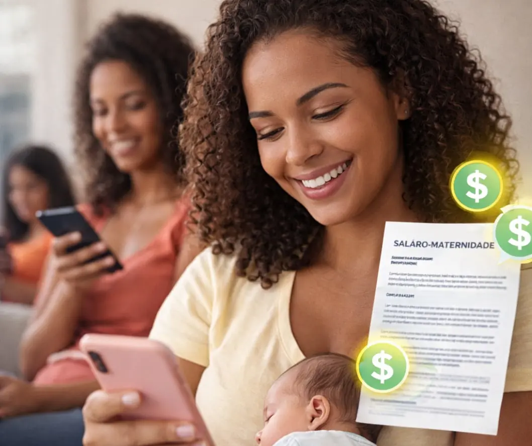 Mãe consultando informações sobre salário maternidade